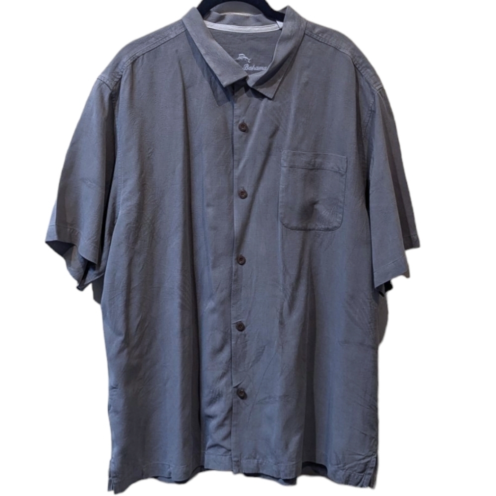 Tommy Bahama Grey Embossed Botanical Print Silk Short Sleeve Shirt (XL)